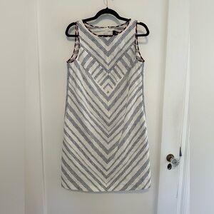 Paule Ka white shift midi dress w/ navy lines + colored trim - 42 (FR)/ US 8/10